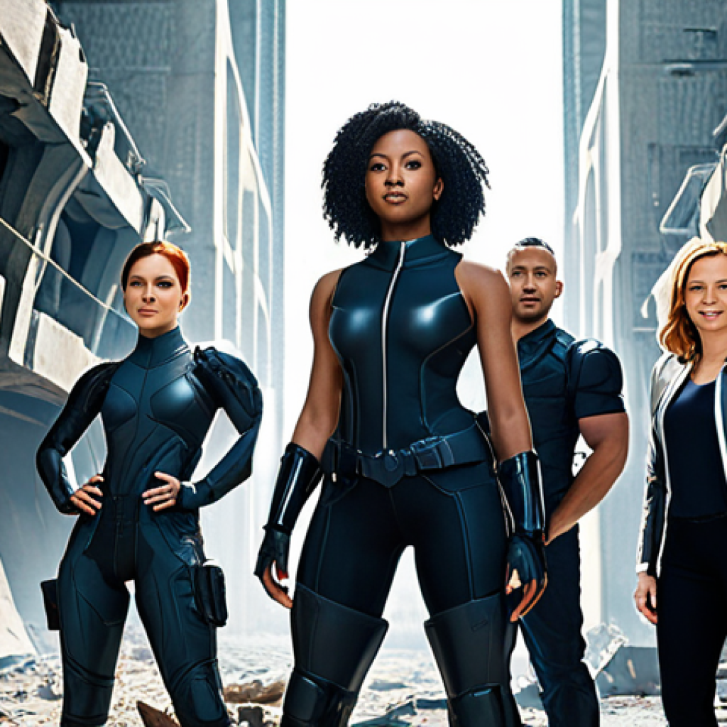 Team Composition & Synergy**

Prompt: A team of diverse Nikkes standing heroically together against a backdrop of futuristic city ruins. Focus on the visual contrast of their designs, showcasing how they complement each other. Emphasize a strong leader Nikke in the center, radiating confidence. The overall mood should be one of determined teamwork and strategic planning.

**