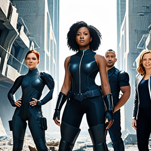 Team Composition & Synergy**

Prompt: A team of diverse Nikkes standing heroically together against a backdrop of futuristic city ruins. Focus on the visual contrast of their designs, showcasing how they complement each other. Emphasize a strong leader Nikke in the center, radiating confidence. The overall mood should be one of determined teamwork and strategic planning.

**
