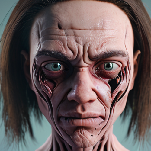 Home 9 **A Nikke character with a heavily distorted face and missing textures, standing in a blurry, low-resolution environment. The overall scene should evoke a sense of a graphical glitch or nightmare.**