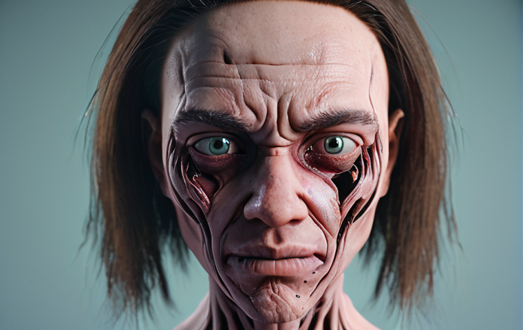**A Nikke character with a heavily distorted face and missing textures, standing in a blurry, low-resolution environment. The overall scene should evoke a sense of a graphical glitch or nightmare.**