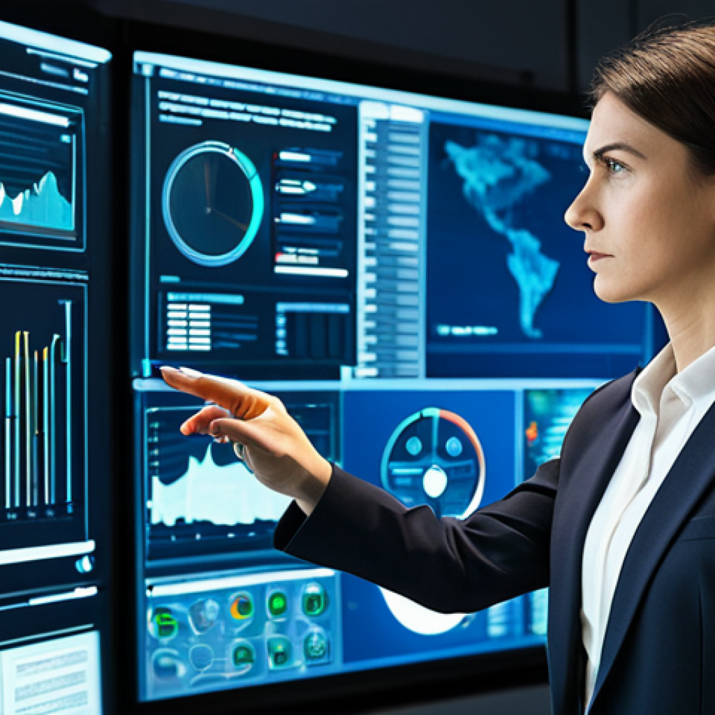 A professional female strategist in a modest, modern business suit, intently analyzing a holographic tactical display in a high-tech command center. Her posture is focused and natural, demonstrating leadership and strategic thought. The environment is sleek and well-lit. The image features perfect anatomy, correct proportions, well-formed hands, and proper finger count, captured with professional photography quality, fully clothed, appropriate attire, safe for work, professional.