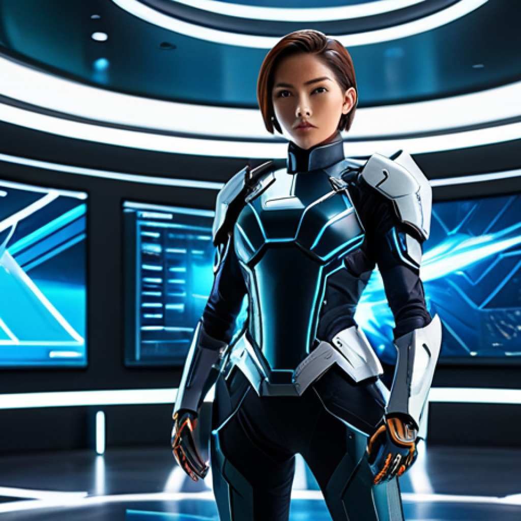 A female futuristic agent in a sleek, modern, high-tech uniform with intricate armor details and a clean design, reflecting a blend of traditional anime aesthetics and contemporary lines. She stands in a dynamic, action-oriented pose, conveying strength and focused determination, with expressive and confident facial features. The background is a brightly lit, high-tech command center featuring abstract holographic displays. Full body shot, vibrant aesthetic, perfect anatomy, correct proportions, natural pose, well-formed hands, proper finger count, natural body proportions, professional photography, high quality, fully clothed, modest clothing, appropriate attire, safe for work, appropriate content, professional.