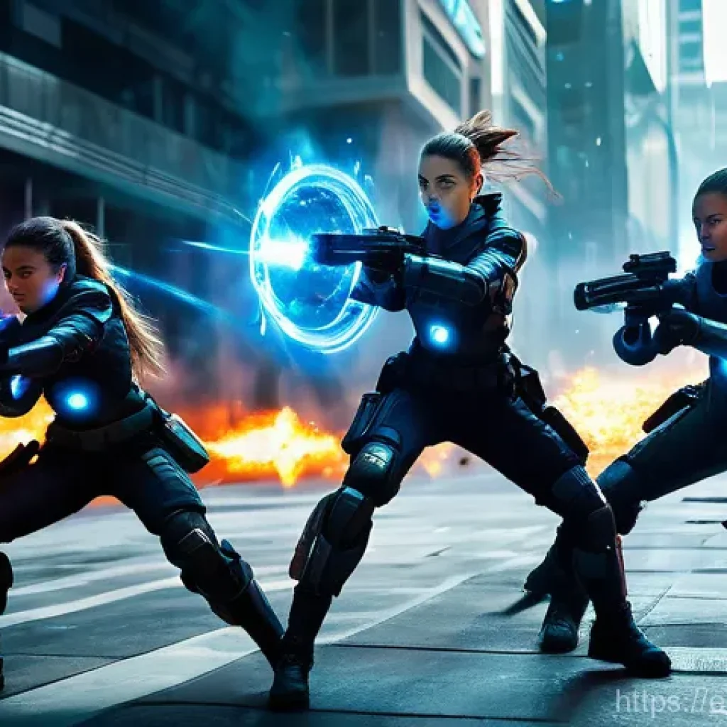 승리의여신 니케 팬이 만든 전투 영상 - **Prompt:** A dynamic, cinematic shot of three futuristic female soldiers (Nikkes) executing a perfe...