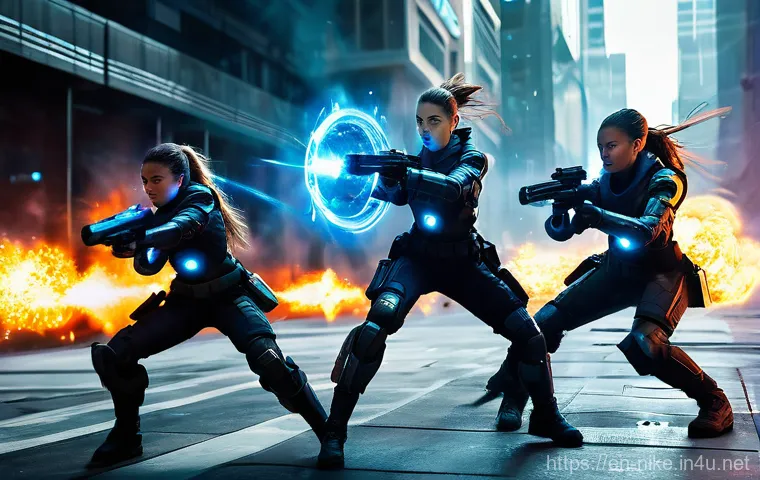 승리의여신 니케 팬이 만든 전투 영상 - **Prompt:** A dynamic, cinematic shot of three futuristic female soldiers (Nikkes) executing a perfe...