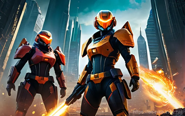 승리의여신 니케 멀티플레이 업데이트 - **Prompt:** A dynamic, wide-angle shot of a NIKKE squad in the midst of a "Coordinated Operation" ba...