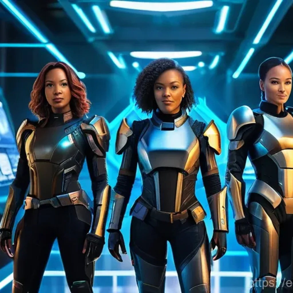 승리의여신 니케 신규 업데이트 리소스 - **Prompt:** A dynamic, brightly lit scene featuring a diverse group of four futuristic female warrio...