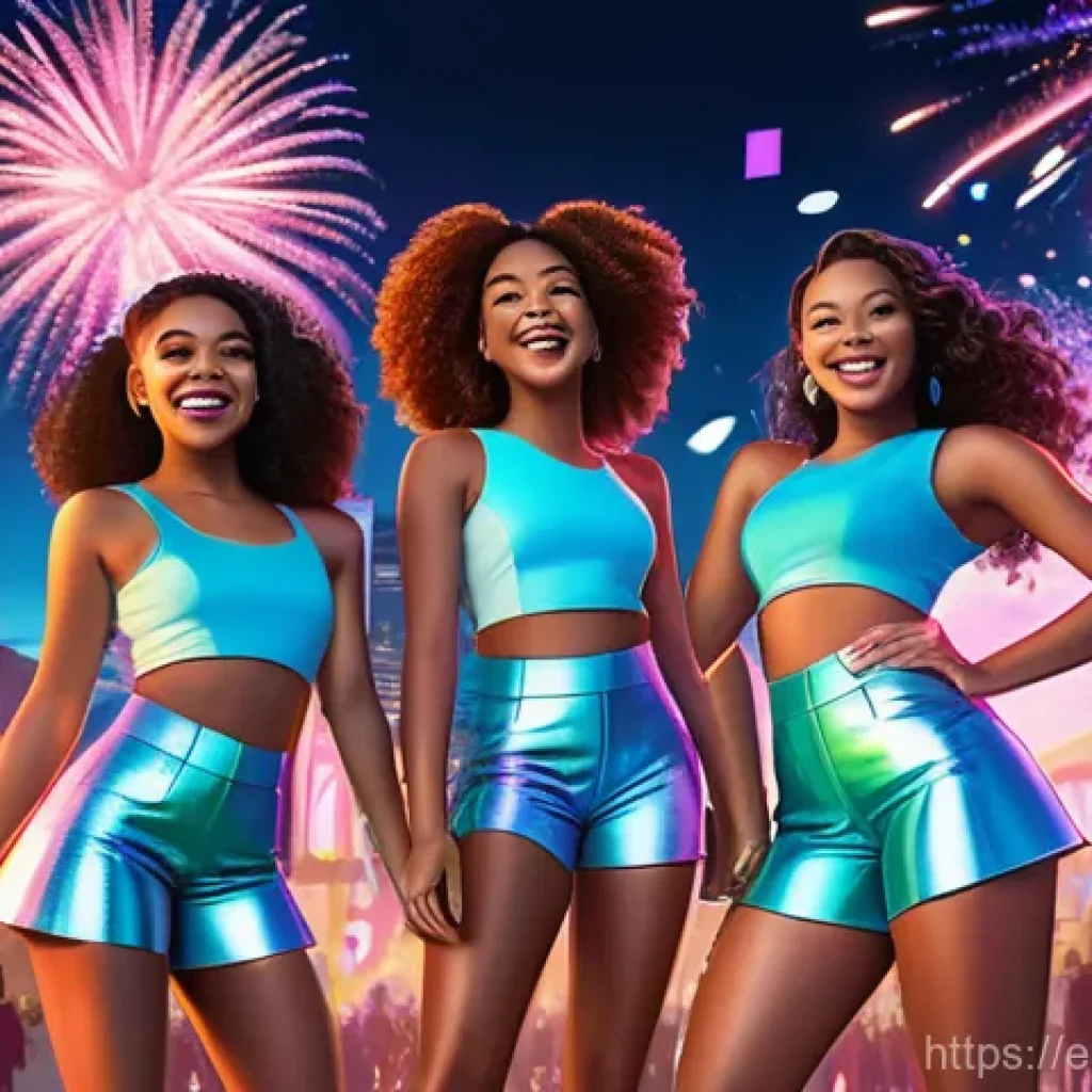 승리의여신 니케 신규 플레이어 모집 - A group of diverse young women, each wearing stylish, futuristic, yet modest celebratory outfits wit...