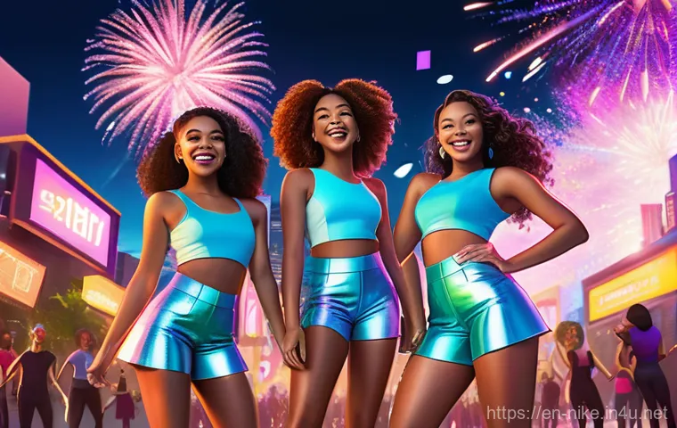 승리의여신 니케 신규 플레이어 모집 - A group of diverse young women, each wearing stylish, futuristic, yet modest celebratory outfits wit...