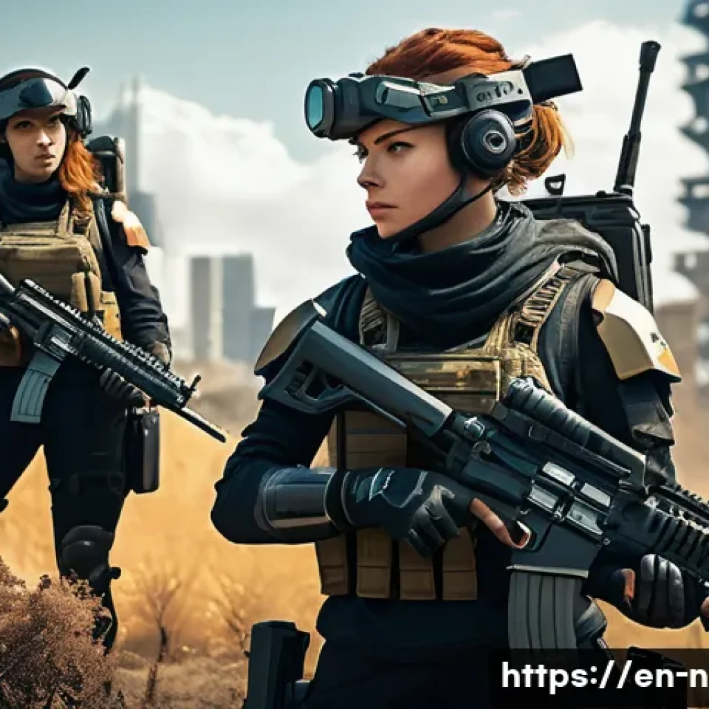 승리의여신 니케 커뮤니티 인터뷰 - A squad of three female Nikkes, fully dressed in futuristic combat armor and tactical gear, carefull...