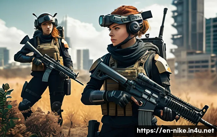 승리의여신 니케 커뮤니티 인터뷰 - A squad of three female Nikkes, fully dressed in futuristic combat armor and tactical gear, carefull...