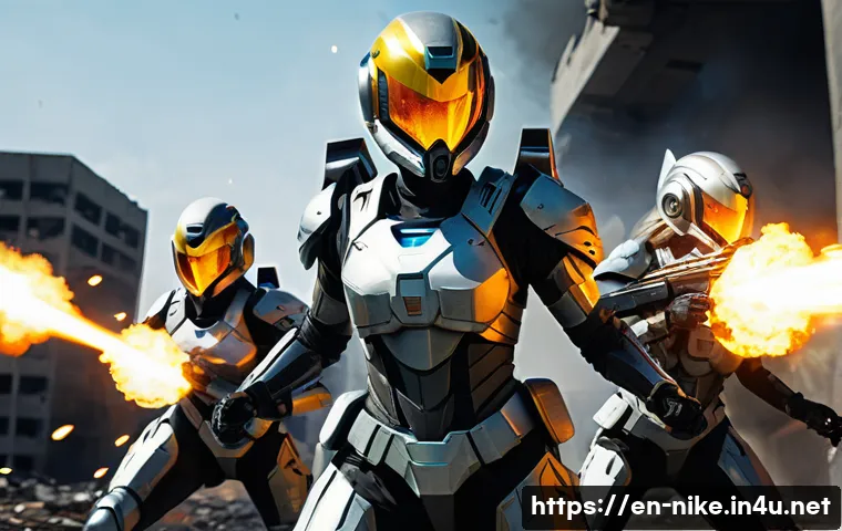 승리의여신 니케 AI 적대자 분석 - **Prompt:** A dynamic, mid-action shot of several "Nikkes" (female combat androids) in futuristic co...