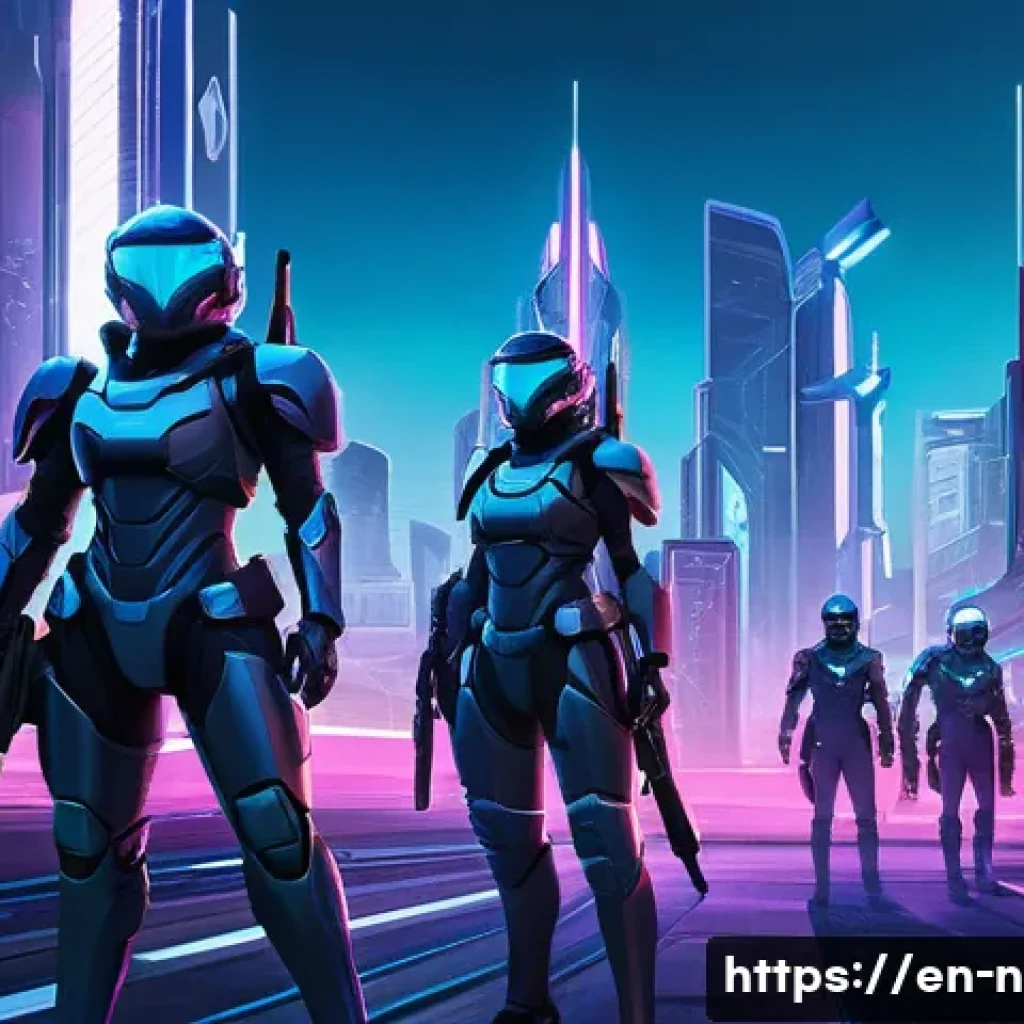 승리의여신 니케 무과금 플레이 방법 - A dynamic scene of a futuristic tactical squad in a vibrant sci-fi cityscape, featuring diverse fema...
