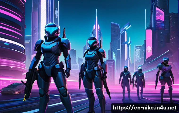 승리의여신 니케 무과금 플레이 방법 - A dynamic scene of a futuristic tactical squad in a vibrant sci-fi cityscape, featuring diverse fema...