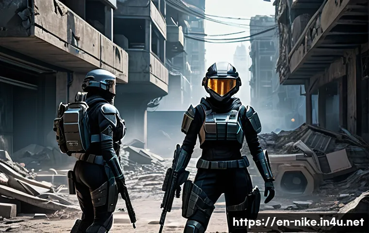 승리의여신 니케 오프라인 모드 평가 - A tactical battlefield scene from a futuristic shooter game featuring a diverse team of female soldi...