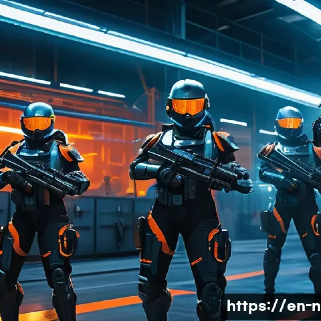 승리의여신 니케 장비 파밍 위치 - A futuristic industrial zone named “Steel Factory” with sleek metallic structures, conveyor belts, a...