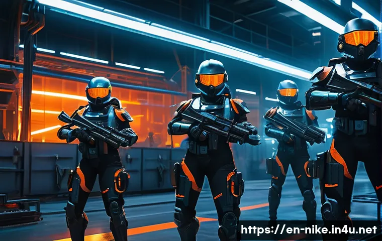 승리의여신 니케 장비 파밍 위치 - A futuristic industrial zone named “Steel Factory” with sleek metallic structures, conveyor belts, a...