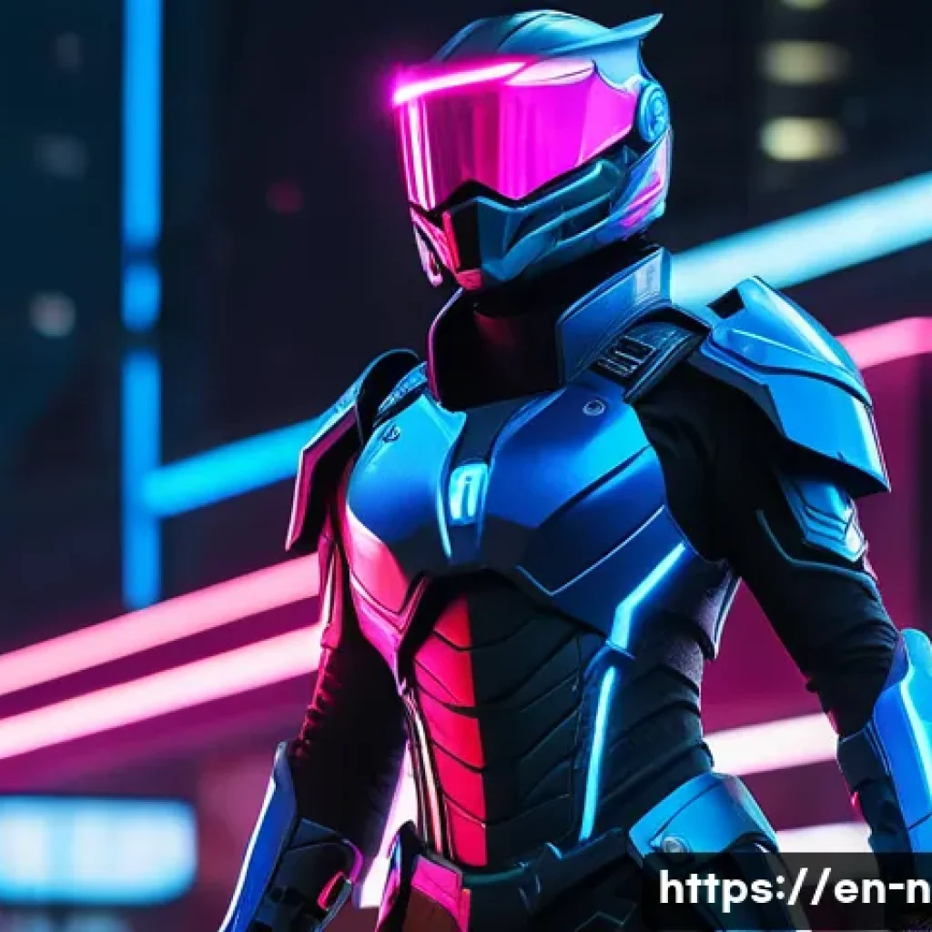 승리의여신 니케 개발사 콜라보 의상 - A futuristic warrior clad in electric blue armor with neon pink glowing accents, featuring sleek, hi...