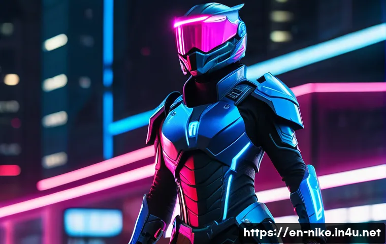 승리의여신 니케 개발사 콜라보 의상 - A futuristic warrior clad in electric blue armor with neon pink glowing accents, featuring sleek, hi...