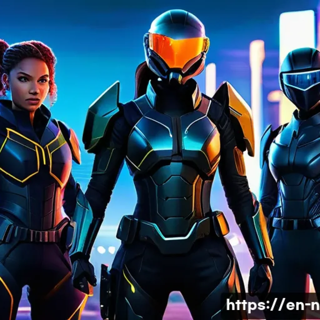 승리의여신 니케 새로운 플레이어 리서치 - A dynamic team of four futuristic female warriors in sleek tactical armor with glowing accents, stan...