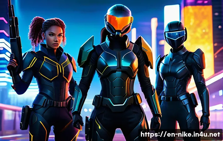 승리의여신 니케 새로운 플레이어 리서치 - A dynamic team of four futuristic female warriors in sleek tactical armor with glowing accents, stan...