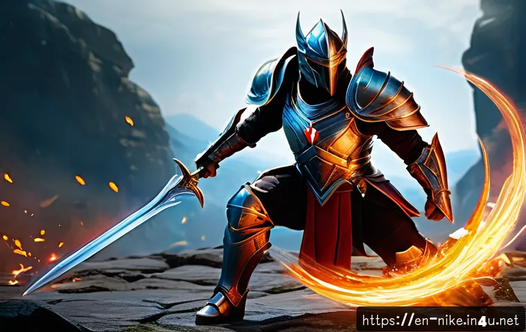 승리의여신 니케 커스터마이징 시스템 - A heroic warrior character in a dynamic battle pose, wearing intricately designed armor that highlig...