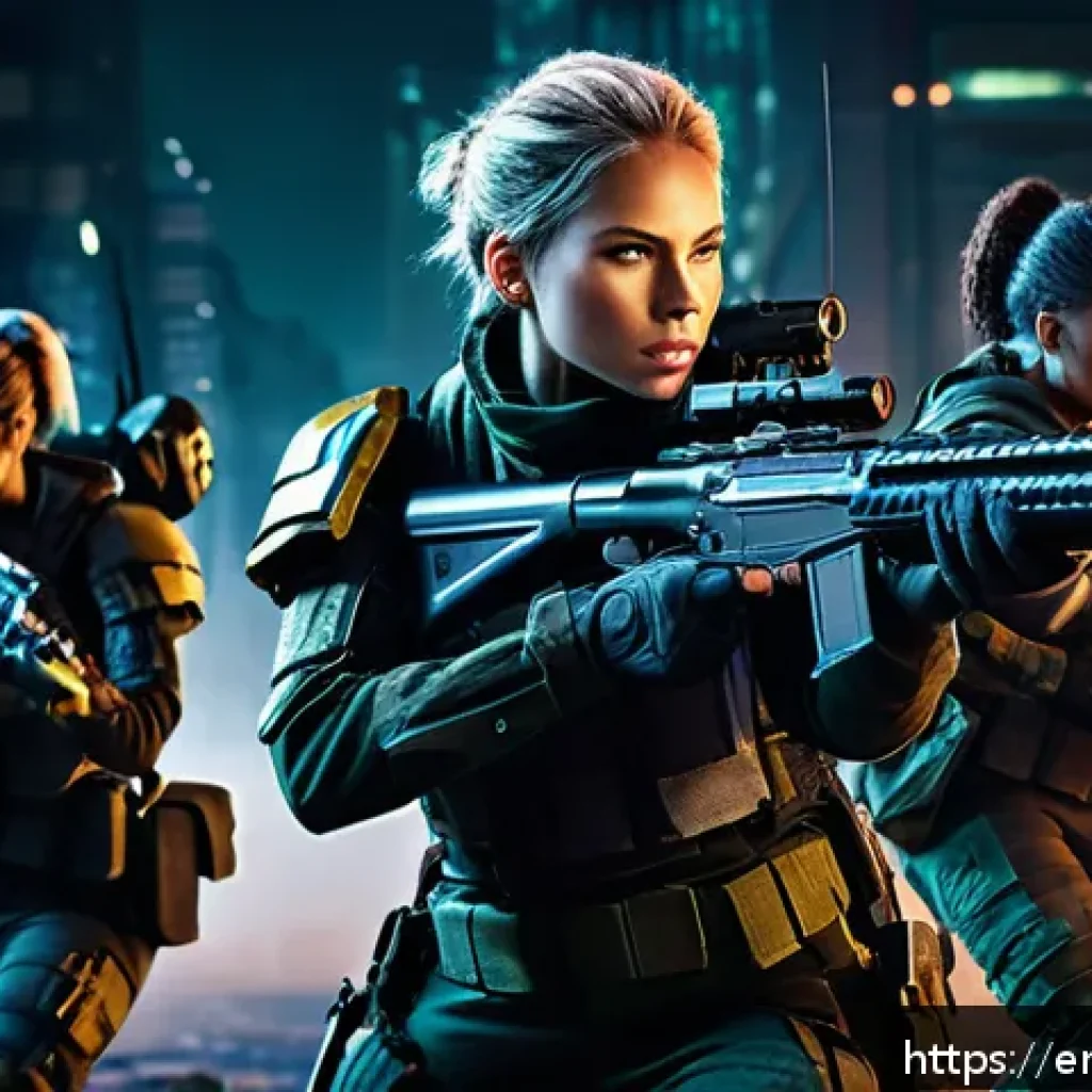 승리의여신 니케 공식 FAQ 번역 - A dynamic battle scene featuring a well-balanced squad of futuristic female soldiers in tactical arm...