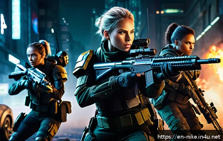 승리의여신 니케 공식 FAQ 번역 - A dynamic battle scene featuring a well-balanced squad of futuristic female soldiers in tactical arm...