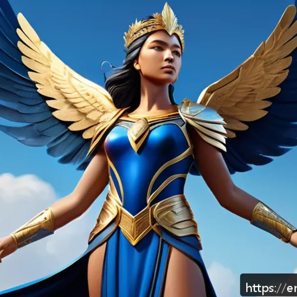 승리의여신 니케 공식 게임 로고 제작 과정 - A dynamic digital illustration of the Victory Goddess Nike as a powerful female figure clad in elega...