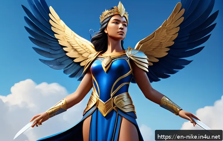 승리의여신 니케 공식 게임 로고 제작 과정 - A dynamic digital illustration of the Victory Goddess Nike as a powerful female figure clad in elega...