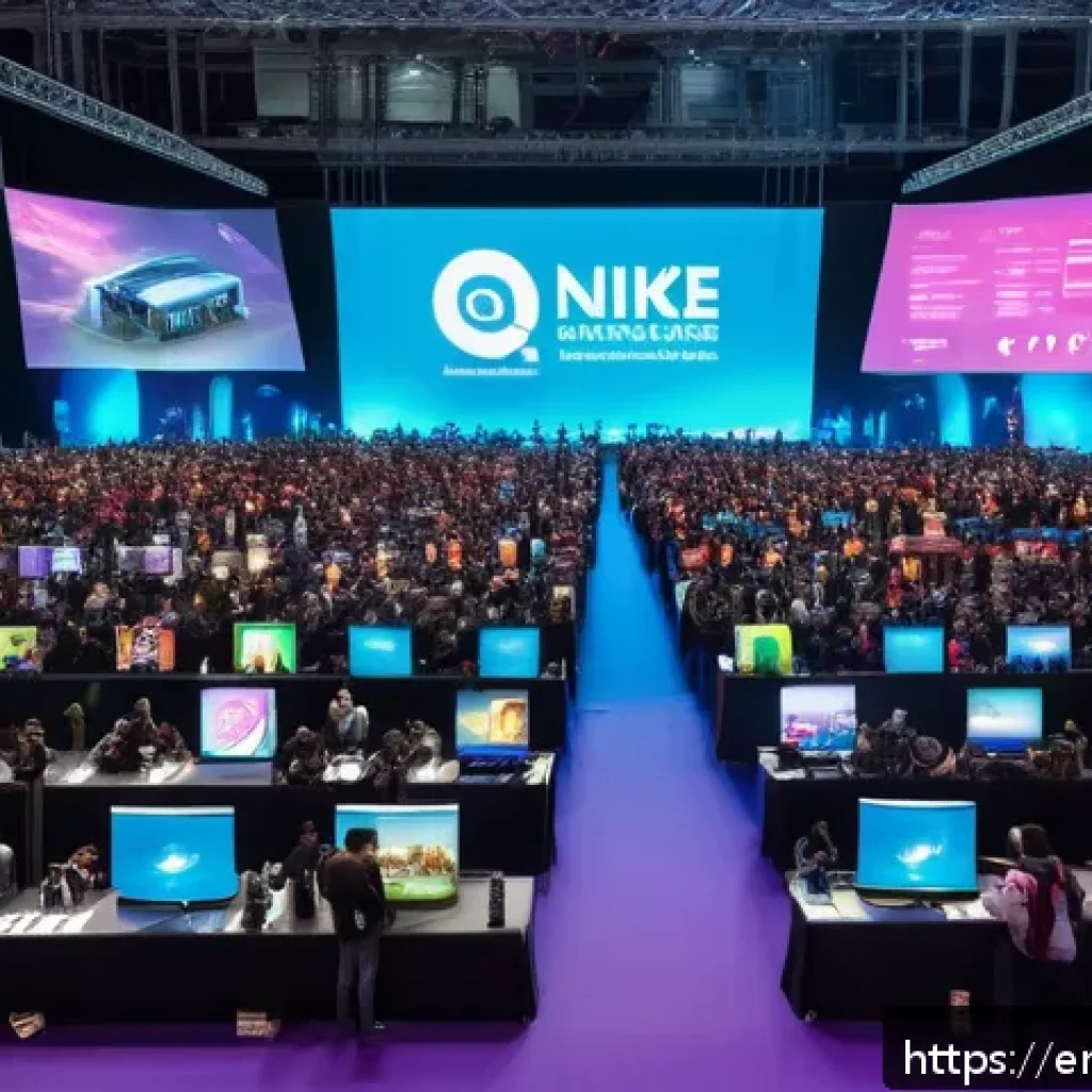 승리의여신 니케 팬 이벤트 후기 - A vibrant fan event scene inside a futuristic convention hall filled with excited attendees interact...