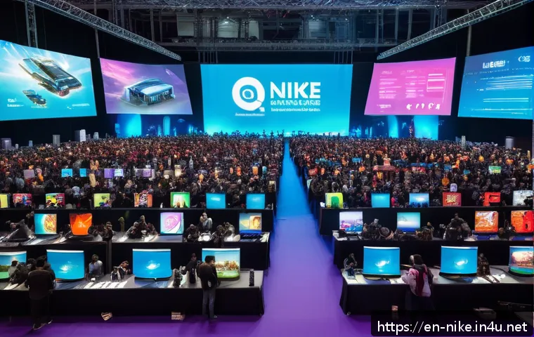 승리의여신 니케 팬 이벤트 후기 - A vibrant fan event scene inside a futuristic convention hall filled with excited attendees interact...