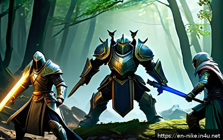 승리의여신 니케 실시간 협동 플레이 - A dynamic real-time co-op battle scene from a fantasy RPG game, featuring a diverse team of four cha...