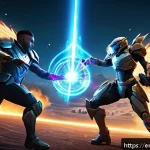 승리의여신 니케 플레이 타임 최적화 - A dynamic gaming scene depicting a futuristic, sleek game interface showing a balanced team of three...