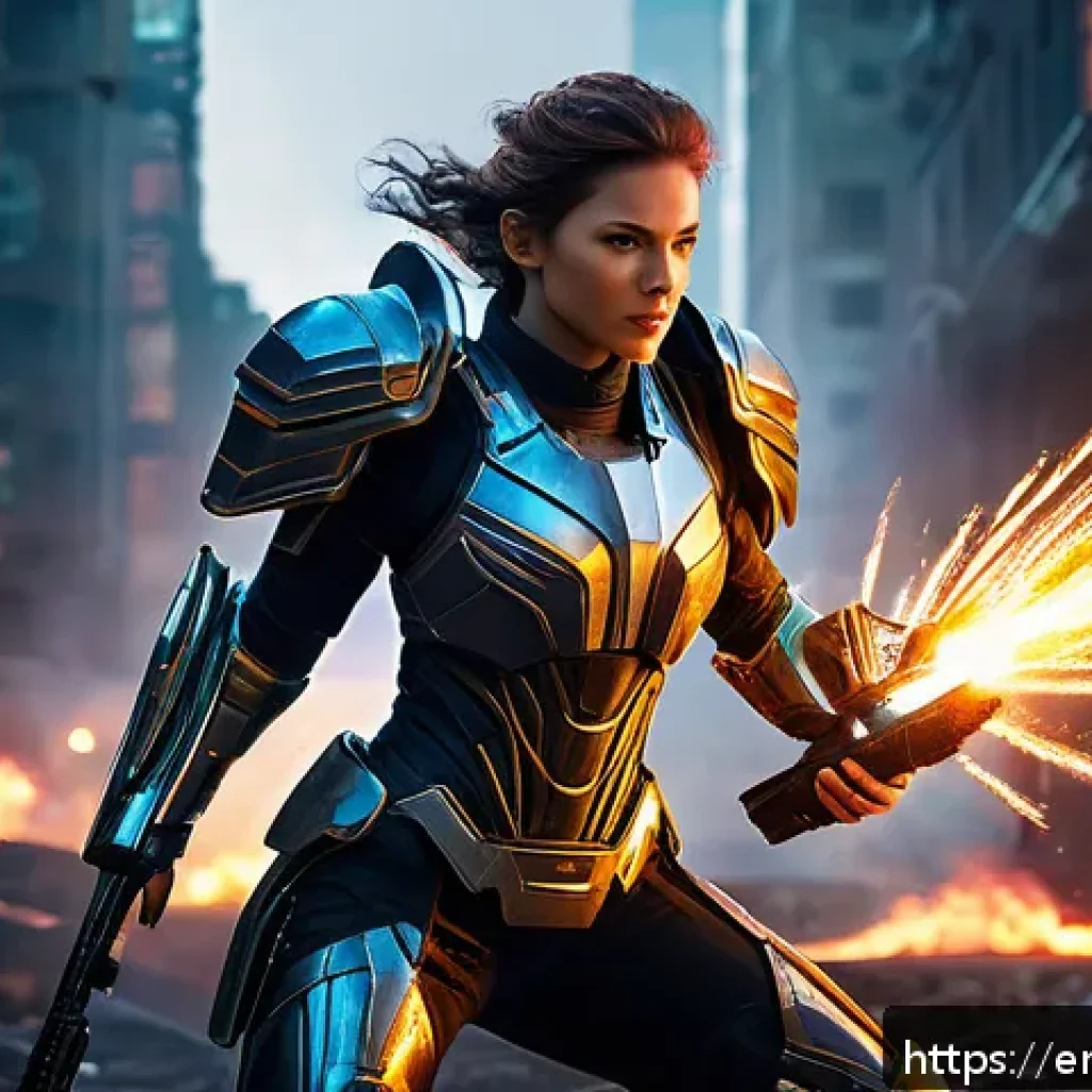 승리의여신 니케 특수 효과 분석 - A dynamic battle scene featuring a futuristic female warrior clad in high-tech armor with glowing au...