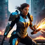 승리의여신 니케 특수 효과 분석 - A dynamic battle scene featuring a futuristic female warrior clad in high-tech armor with glowing au...