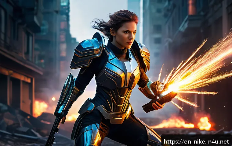 승리의여신 니케 특수 효과 분석 - A dynamic battle scene featuring a futuristic female warrior clad in high-tech armor with glowing au...